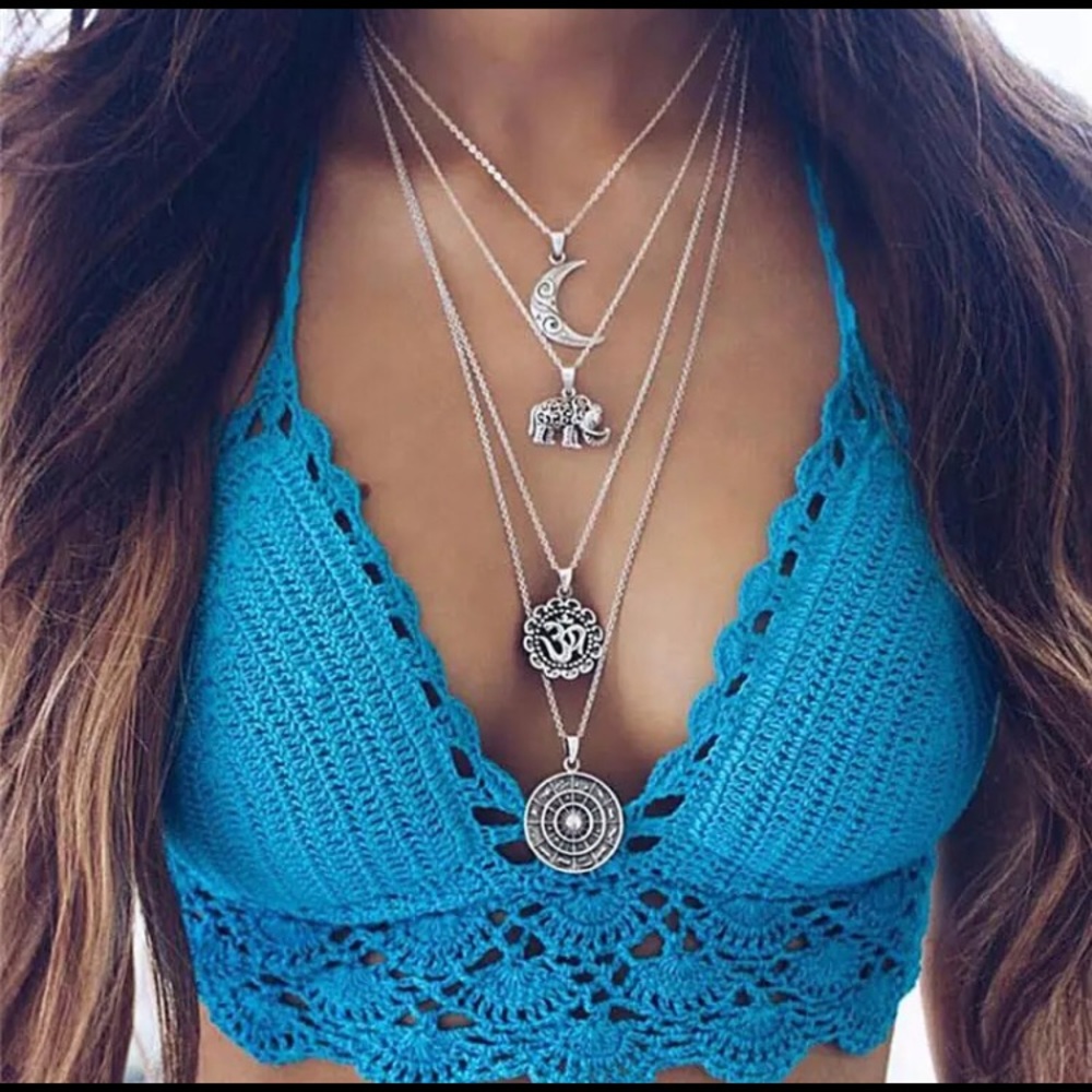 Moon elephant third eye layered long boho necklace